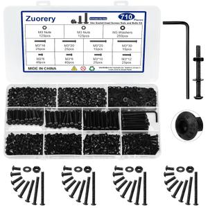 710PCS M3 Screw Assortment Kit, M3x6/8/10/12/16/20/25/30mm M3 Screw Kits, 10.9 Grade Alloy Steel Metric Hex Button Head Cap Screws, Nuts and Flat Washers, Black Zinc Plated Screw Set for 3D Printing