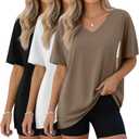 3 Pack Women's Oversized Nursing Shirts for Breastfeeding with Hidden Zippers, Loose Fit Short Sleeve Maternity Tops, X-Large (Light Brown, White, Black)