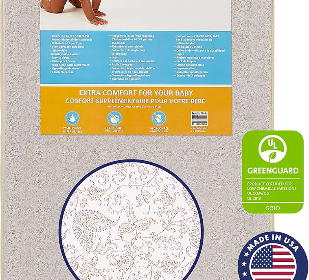 Dream On Me, 3 Inch Foam Pack and Play Mattress, White, White/Brown, 25C-GR, 3 Inch (Pack of 1)