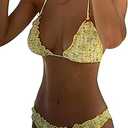 Women Y2k Bikinis Sets Coquette Aesthetic Bows Halter Tie Up Bikini Top High Cut Elastic Waist Bikini Bottom, Lemon Print, Medium Size