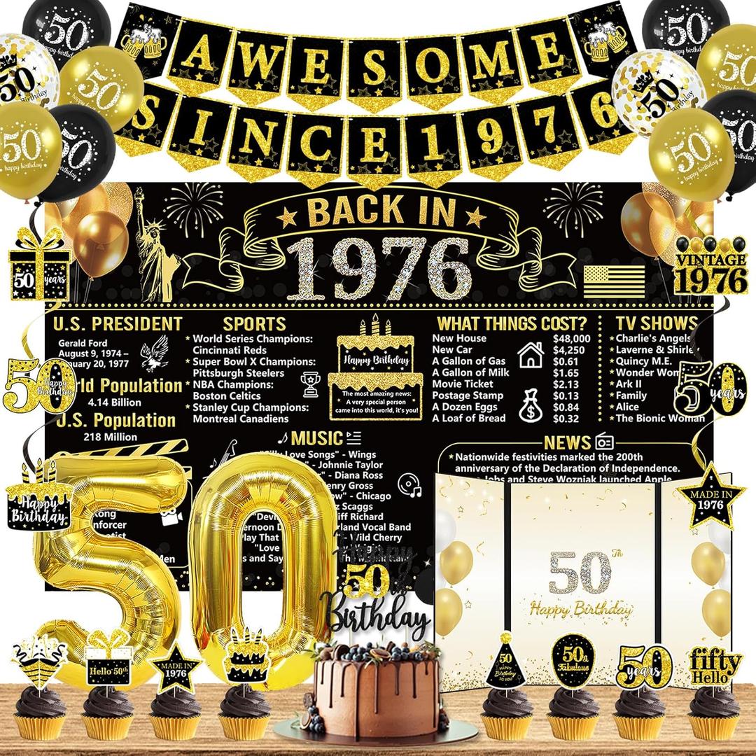 Trgowaul 50th Birthday Decorations for Men Women, 32PCS Back in 1976 Birthday Party Supplies, Vintage Black Gold Birthday Banner, 50th Birthday Alternative Signature Guest Book, Cheers to 50 Years Old