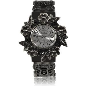 Weicam Women Vintage Cuff Bangle Bracelet Watch Carved Flowers Analog Quartz Wrist Watch