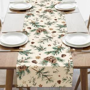 Croar Winter Pine Cones Dining Table Runner, Branches Stars Burlap Kitchen Decoration, Christmas Seasonal Indoor Outdoor Home Decor Party Supply 13 x 72 Inches