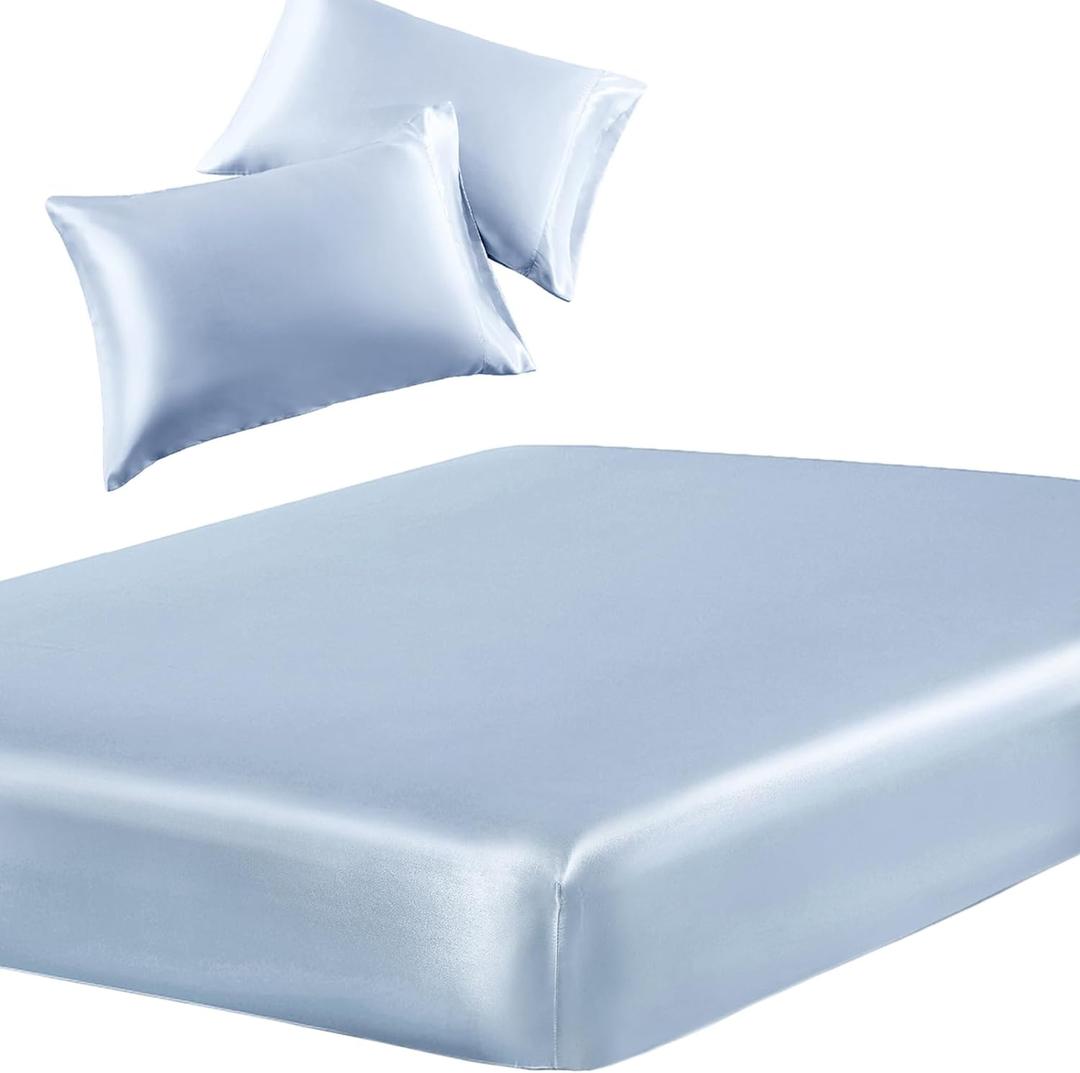 SiinvdaBZX 3-Piece Set Satin Twin Fitted Sheet & 2 Pillowcase, Baby Blue Silky Soft Fitted Bottom Sheet, Wrinkle Free, Fade Resistant, Deep Pocket Bed Sheet (Deep Up to 15")