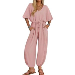 ZESICA One Piece Jumpsuits for Women Summer Casual Short Sleeve V Neck Overalls Drawstring Waist Romper with Pockets, M