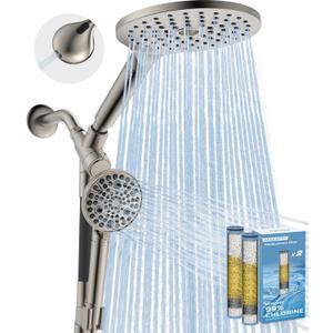 MakeFit Dual Filtered Rain Shower Head Combo, High Pressure Handheld Shower Head with Adjustable Bar - Rainfall Shower Head And Showerhead with Filter for Hard Water - Removes Chlorine(Brushed Nickel) (8 Inch Filtered)