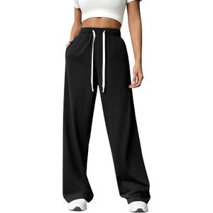 PINSPARK Wide Leg Sweat Pants for Womens High Waisted Baggy Sweatpants Casual Drawstring Workout Pants with Pockets (Black, XL)