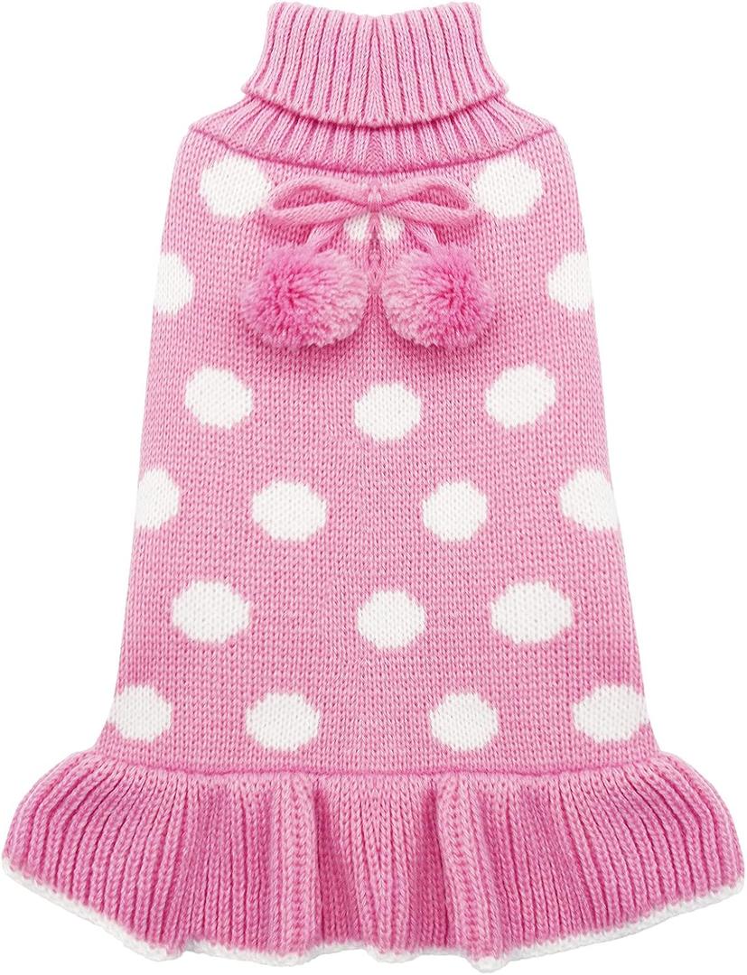 KYEESE Valentines Dog Sweater Dress, Warm Dog Sweaters for Small Dogs Girl Cats Dogs Clothes, Pullover Cozy Knit Pet Apparel with Leash Hole, Pink Dot, S