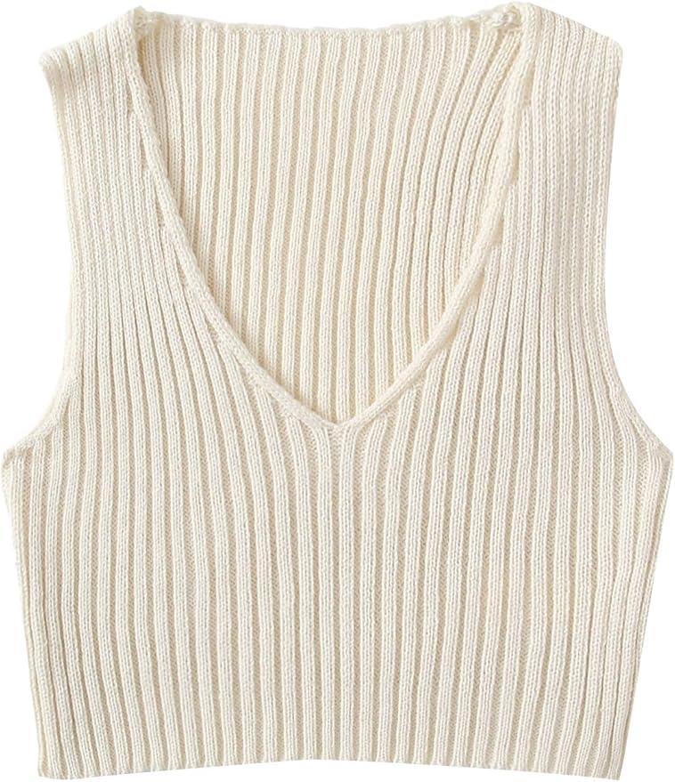 SweatyRocks Women's Ribbed Knit Crop Sleeveless V-Neck Sweater Vest Crop Tank Top, XL