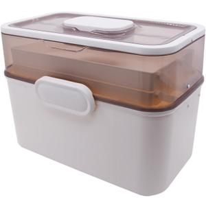 AnRui 3-Tier Medicine Storage Box, Emergencies First Aid Kit Container, Portable Plastic Medicine Storage Organizer Holder Multipurpose Box with Handle for Home, Travel, Camping, School (Beige Brown)