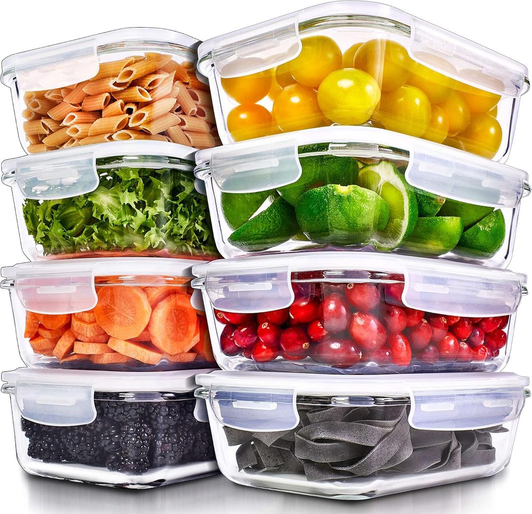 PrepNaturals 8 Pack 36 Oz Glass Meal Prep Containers - Dishwasher Microwave Freezer Oven Safe - Glass Storage Containers with Lids 1 Compartment, 8 Pack - 36oz