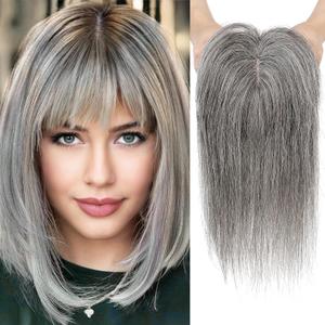 REECHO Real Human Hair Toppers for Women, 10 inch with Bangs, for Thinning Hair, Grey