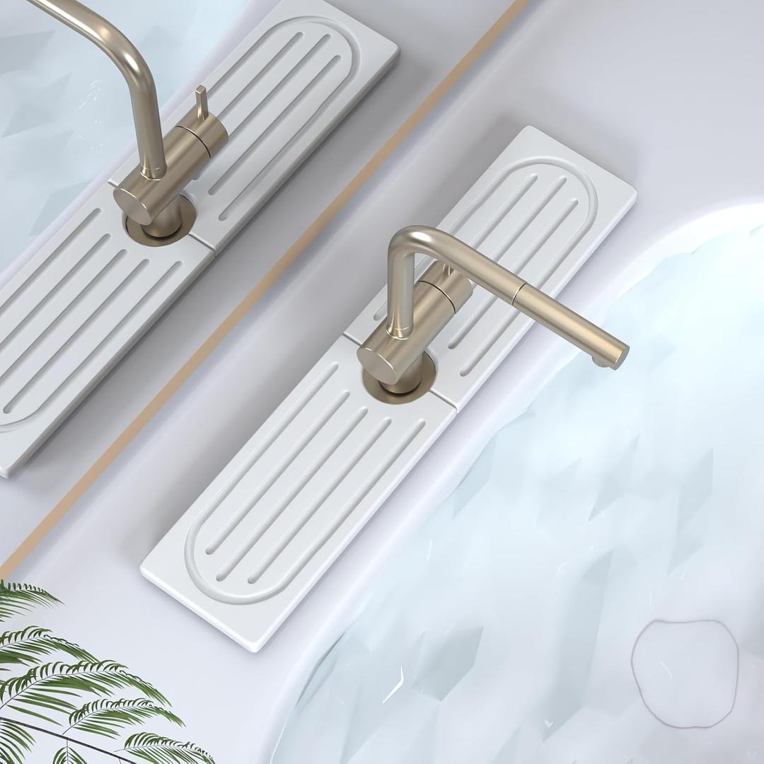 Kitchen Faucet Mat, Quick Drying Diatomite Sink Faucet Mat Splash Guard for Kitchen, Water Absorbing Stone Tray for Sink, Absorbent Stone Drying Tray for Bathroom Counter (15.8" x 4", White Gray Style 1)