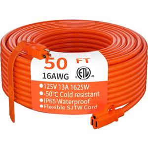 HUANCHAIN Indoor Outdoor Extension Cord 50 ft Waterproof, 16/3 Gauge Flexible Resistant Appliance Extension Cord Outside, 13A 1625W 16AWG SJTW, 3 Prong Electric Cable Orange, ETL