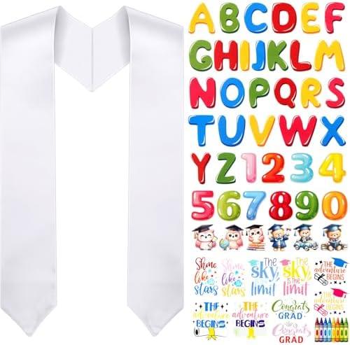 Spakon Unisex Adult Plain Graduation Stole with a to Z Letter 0 to 9 Number Graduation Pattern Badge Decorate Repair Patches(White Colorful)