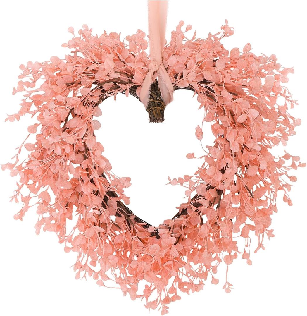 Aneco Valentines Day Heart Wreath 18 Inch Pink Artificial Floral Wreath with Ribbon Door Wall Window Hanging Decor for Wedding Anniversary Holiday