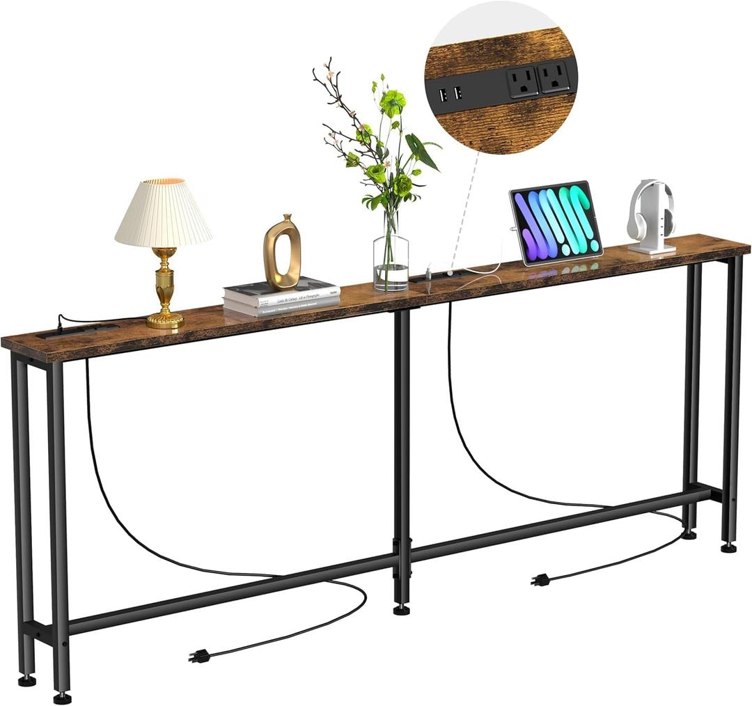 Keelian 102" Narrow Console Sofa Table - 2 Power Outlets & 4 USB Ports, Metal Frame, Rustic Brown, Perfect for Hallway, Office, and Behind Sofa - Easy Assembly, 4.9' Extension Cord Included, 102in
