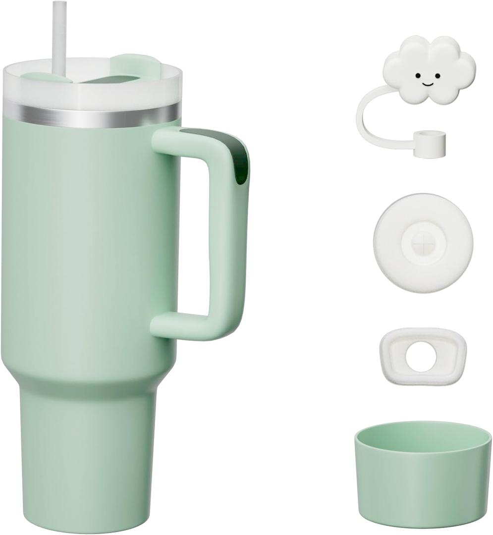 KISSKIND - Vaso de 40 onzas con tapa a prueba de fugas con pajilla, asa y funda de silicona, taza de caf para viajes, botella de agua de acero inoxidable, vaso aislado para bebidas fras y calientes