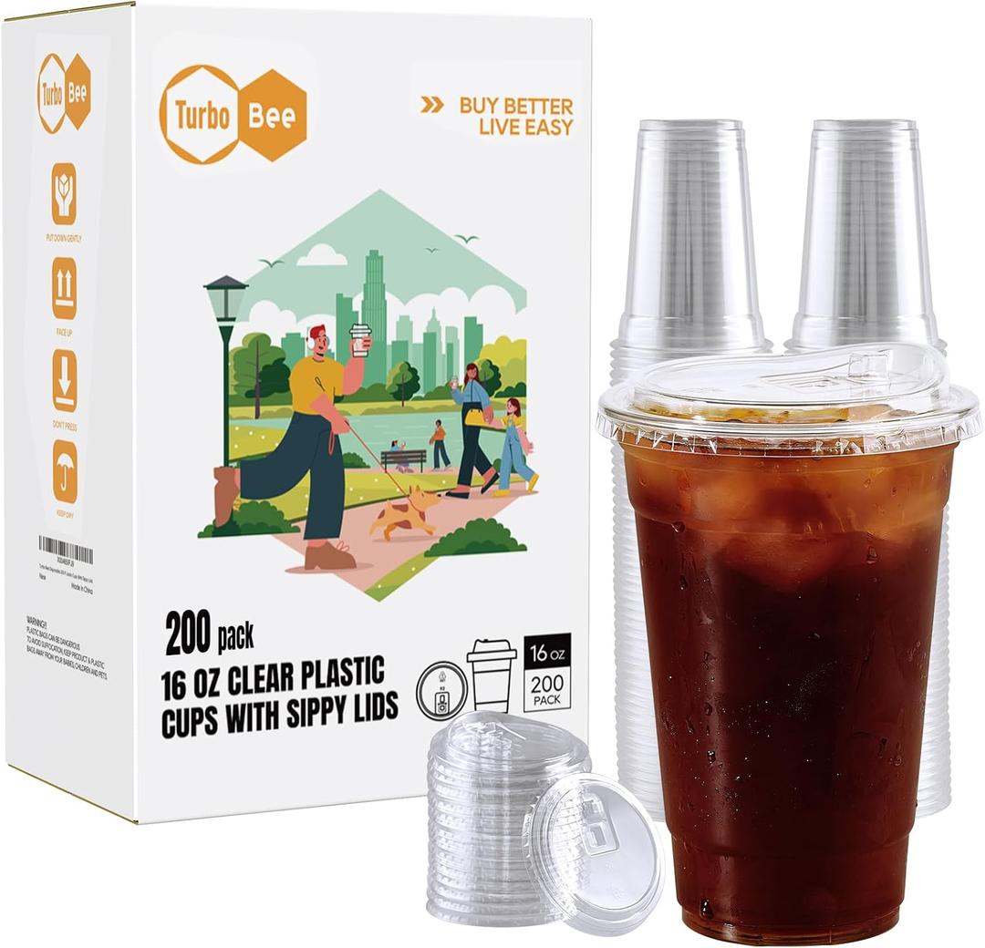 Turbo Bee 16 OZ 200 Sets Clear Plastic Cups with Strawless Sip Lids, To Go Crystal Clear Disposable Plastic Cups with Lids for Iced Coffee, Smoothies, Soda, Lemonade, Cold Beverage