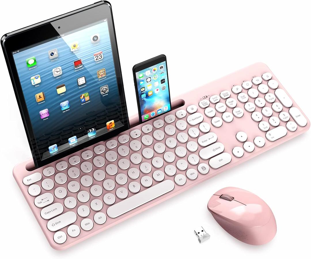 LeadsaiL Pink Wireless Keyboard and Mouse Combo, Full-Sized Ergonomic Computer Keyboard with Phone Tablet Holder, 2.4GHz Silent Cordless Keyboard Mouse Set for Windows Laptop, PC, Desktop