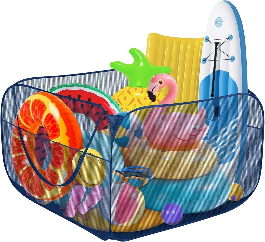 Hahood Pop-up Pool Toy Storage Bin 47 x 47 x 31 Inch Mesh Pool Organizer Bag with 2 Side Pockets for Inflatable Toys, Floats, Beach Balls,Towels and Other Swimming Accessories