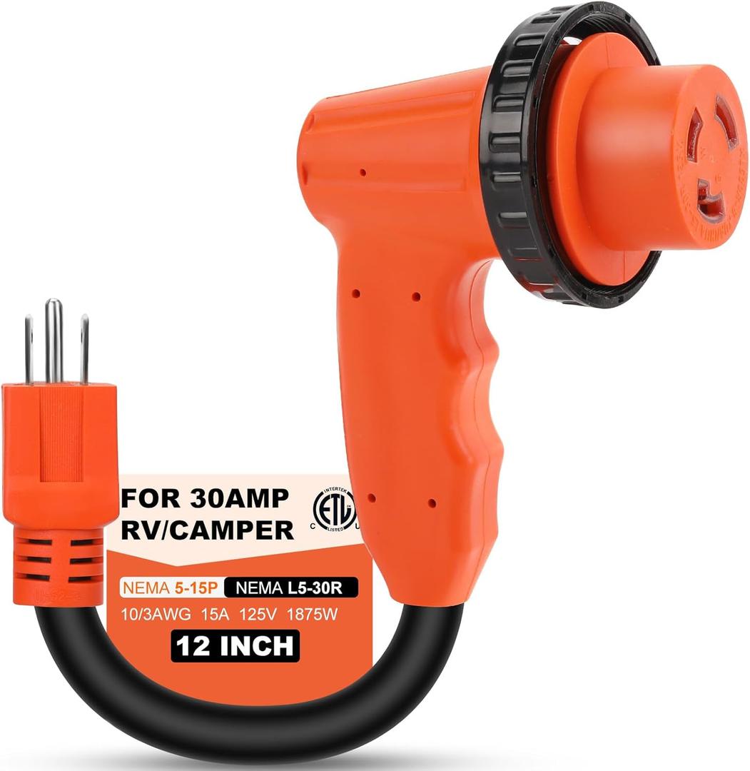30 Amp to 110 Volt RV Adapter Plug with Locking Connector, NEMA 5-15P to NEMA L5-30R Electrical Power Adapter with Upgraded Grip Handle, ETL Listed