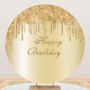 YongFoto 7x7ft Polyester Gold Birthday Round Backdrop Dripping Glitter Happy Birthday Party Circle Background Girls Woman Birthday Celebration Cake Table Decor Kids Adults Portrait Photo
