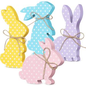 4 Pcs Easter Bunny Table Decor Bunny Table Wooden Signs with Rope Farmhouse Spring Rabbit Decoration Tiered Tray Decor for Easter R Party Home Shelf Mantel(Macaron Dots)