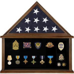 Large Military Burial Flag Display Case for American Folded Veteran 5'x9.5' Burial Flag and Military Medals - Solid Wood Shadow Box Gift with Real Glass Certificate Holder -Walnut