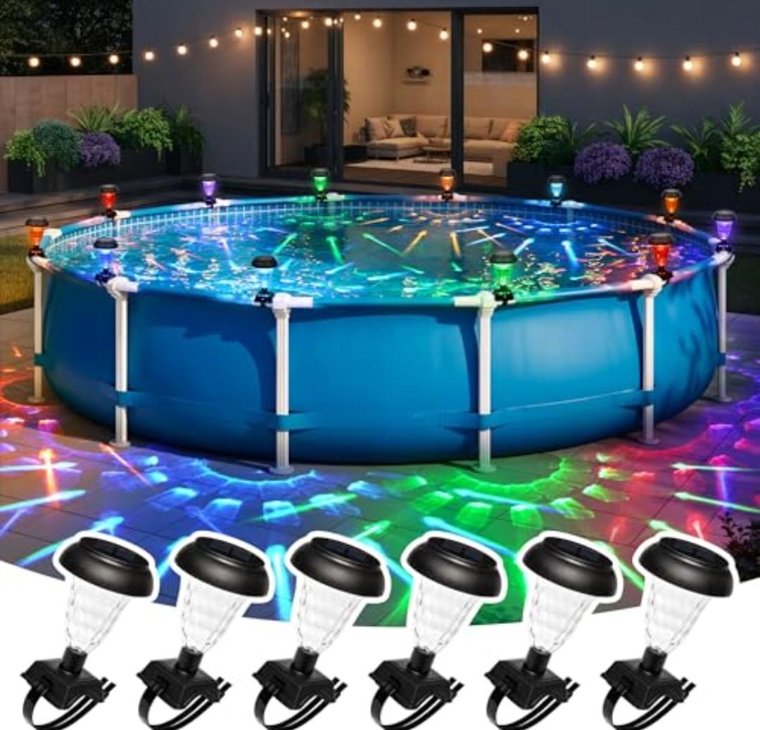 SUNCKET Solar Powered Pool Lights for Above Ground Pools, Waterproof RGB Color Changing Light, Outdoor Swimming Pools Decoration Accessories, 6 Pack