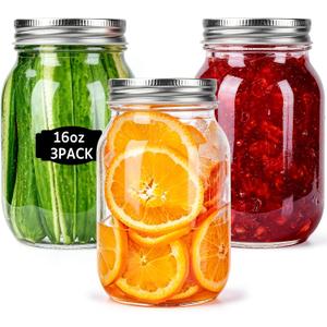 Glass Mason Jars, 3 Pack 16oz Clear Glass Regular Mouth Canning Jars with Lids for Sealing, Ideal for Food Storage, Snacks, Candies, Jam, Honey, Wedding Favors, Shower Favors, DIY Projects