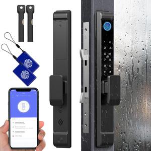 Sliding Glass Door Lock, Eseesmart Sliding Door Smart Lock with Fingerprint Code Keypad RFID Card Bluetooth App Key, Electronic Digital Biometric Keyless Entry Patio Door Lock with Handle