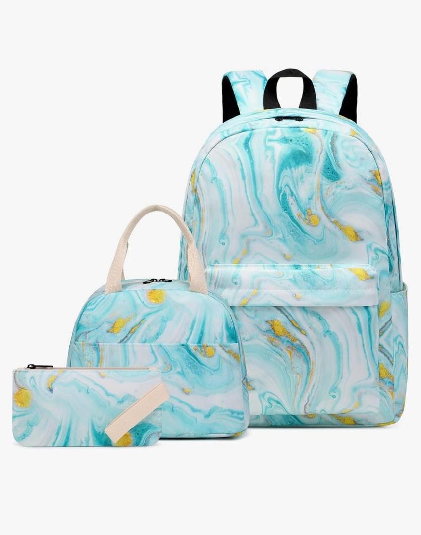 Kids Backpack for Girls, Teens School Bags Bookbags Set with Lunch Bag Pencil Case, Turquoise Marble