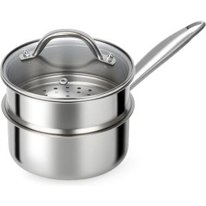 Ohtomber Stainless Steel Sauce Pan - Tri-Ply 1.5 Quarts Steamer for Cooking, Small Cooking Pot with Steamer Basket, Sauce Pan with Lid, Non Stick Saucepan, Induction Steam Pot for Vegetable, Oatmeal