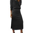 Women 2 Piece Outfits Striped Sweater Skirt Sets Fall Casual Long Sleeve Pullover Top Lounge Travel Midi Dress (Small, Beige Black)