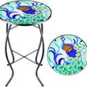 14 Inch Small Outdoor Side Table with Colorful Peacock, Glass Mosaic Patio Table Indoor, Round Plant Coffee Table for Living Room, Balcony, Garden (1pcs)