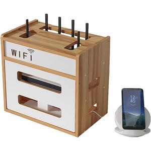 Wooden Router Shelf, Desktop WiFi Router Storage Box Modem Rack, Power Router Fences Standing Shelf Units, Cable Management Hider Box Organizer for Office and Home (Cherry Wood)