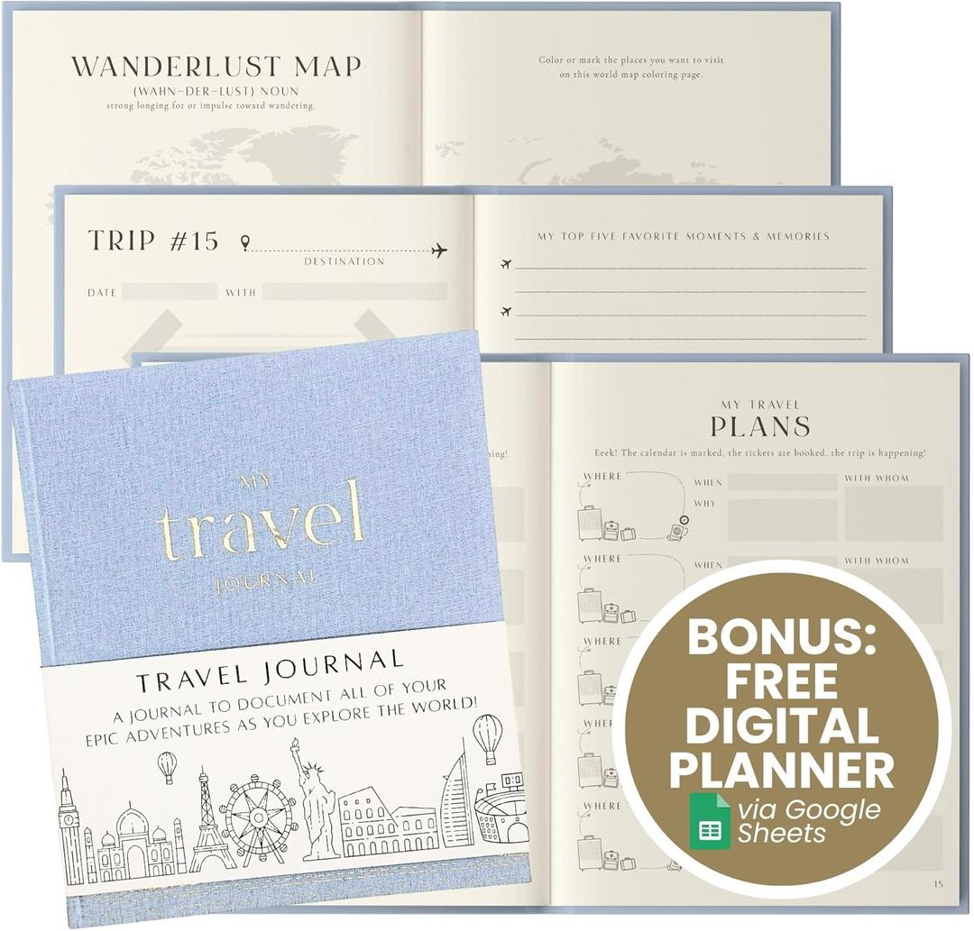 Inspired Ink Travel Journal for Women and Men Travel Bucket List Journal 210 Pages Traveler Adventure Notebook  Itinerary Planner Organizer & Traveling Memory Diary Memorial Gift for Travelers - Blue