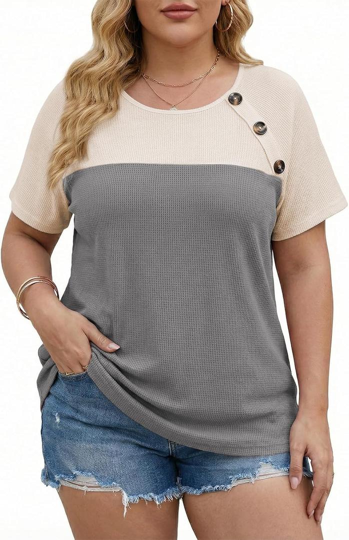 Eytino Womens Plus Size Summer Tops Color Block Crewneck Short Sleeve Loose Fit Tshirts,1X-5X (4X, Grey)