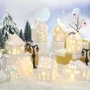 Cindeer 26 Pcs Ceramic Christmas Village Set 8 LED Christmas Village Houses 16 Xmas Trees Farmhouse 2 Lamp Post Scenes Decor White Tabletop Decoration(Classic)