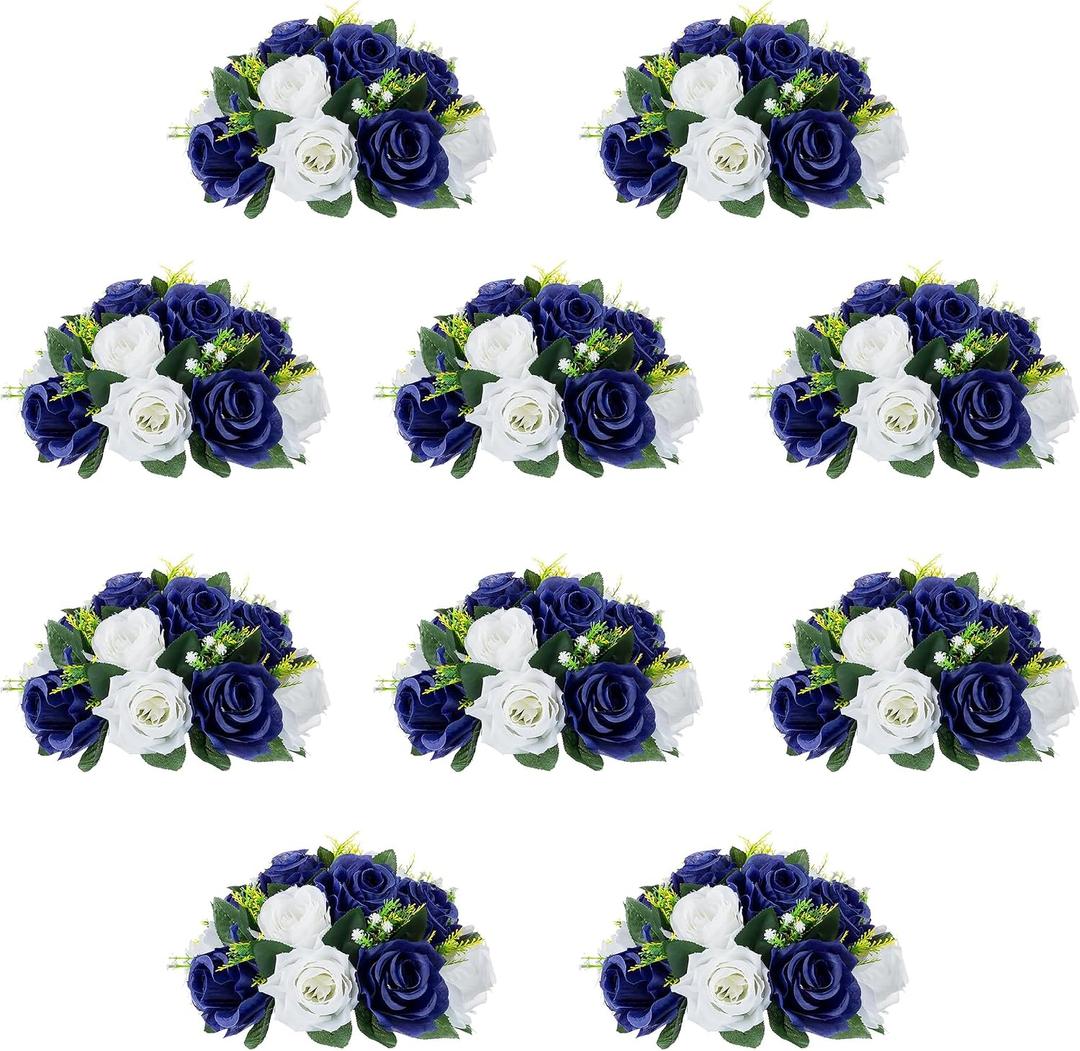 10Pcs Fake Flower Ball Arrangement Bouquet, 9.5" 15 Heads Plastic Roses with Base,Suitable for Parties Valentine's Day Wedding Centerpiece Flower Rack and Home Dcor (Navy Blue & White)