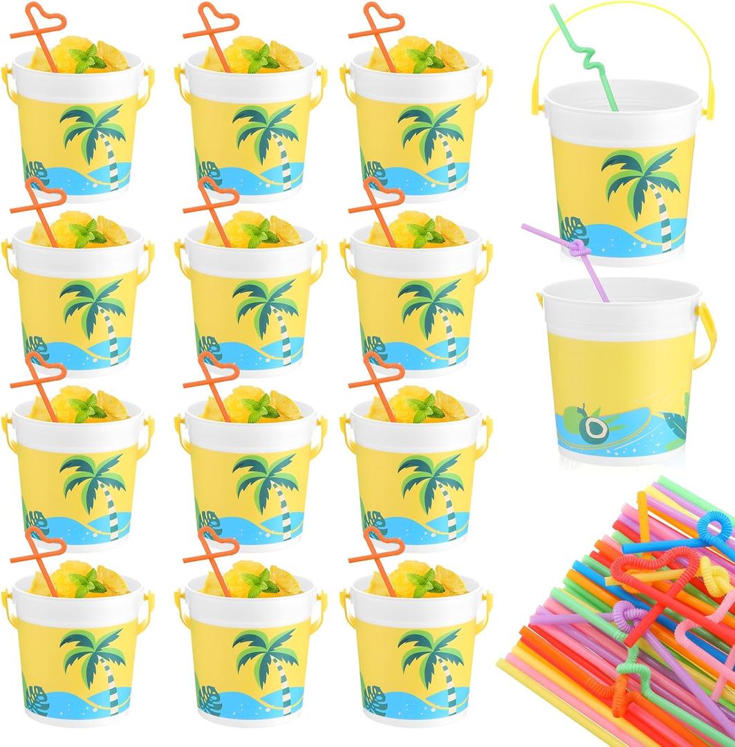 Yaomiao 32 oz Plastic Cocktail Buckets for Drinks with 100 Colorful Straws Portable Drink Buckets for Parties Reusable Punch Bowls for Summer Beach Bar Kitchen (12 Pcs)