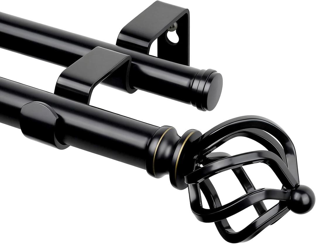 KAMANINA Double Curtain Rod 72 to 144 Inches(6-12 Feet), Black Heavy Duty Curtain Rods for Windows 66 to 120 Inches, 7/8 Inch Drapery Rod with Twisted Cage Finials