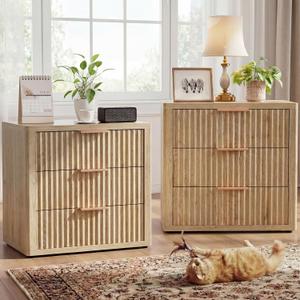 Night Stand with 3 Drawers, 23" Wide Modern Bedside Table with Large Storage, Fluted Bed Side End Table with Metal Handle, Tall Nightstand for Bedroom, Living Room, Office, Nature, Set of 2