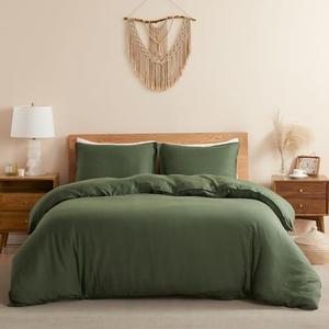 DAPU 100% Linen Olive Green Duvet Cover Set - Pure Natural French Flax Linen with Corner Ties and Zipper Closure Soft Breathable Durable for Hot Sleepers 1 Duvet Cover 2 Pillowcases (King)
