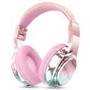 QearFun Kids Bluetooth Headphones, 60H Playtime, 74/85/94dB Safe Volume Limit, Metallic Gradient Wireless Headset with HD Mic, Fast Charging, Foldable, Wired 3.5mm Mode for School/Tablet/Travels (Pink)