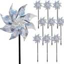 Hausse 10 Pack Reflective Pinwheels with Stakes, Extra Sparkly Pinwheel for Garden Decor, Bird Devices Deterrent to Scare Birds Away from Yard Patio Farm (Silver)