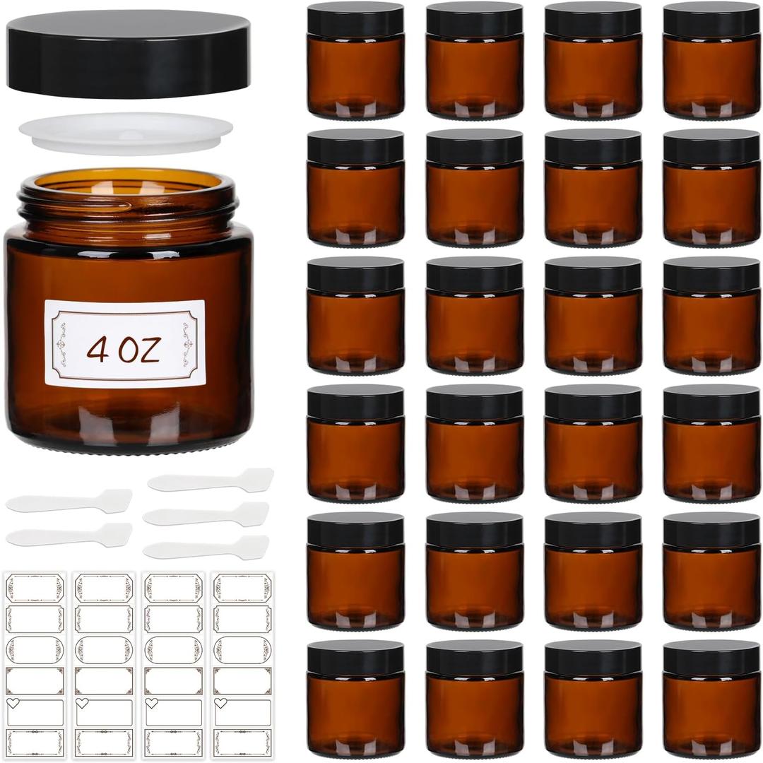 24 Pack 4 oz Glass Jars with lids, Amber Cosmetic Jars with Inner Liners and Black Lids, Lotion Jars, Candle Making Jars for Lotions, Scrubs and Cosmetic, Lables and Spatulas Include