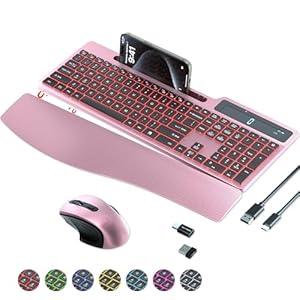 Wireless Keyboard Mouse Combo, Full Size Ergonomic Keyboard with Backlit, Wrist Rest, Calculator, Phone Holder, 2.4Ghz Silent Cordless Rechargeable Keyboard & Mouse for Laptop, PC, Windows, Mac OS (Pink Black)