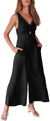 ANRABESS Women's Jumpsuits Summer Wide Leg Sleeveless V Neck Casual Dressy Linen Pants Rompers 2025 Vacation Beach Outfits, Large Black